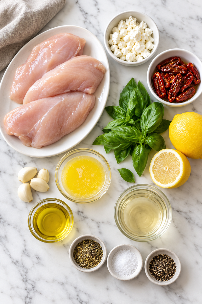 Ingredients for Carrabba’s Chicken Bryan copycat recipe including chicken breasts, goat cheese, sun-dried tomatoes, basil, lemon, garlic, butter, olive oil, wine, and seasonings