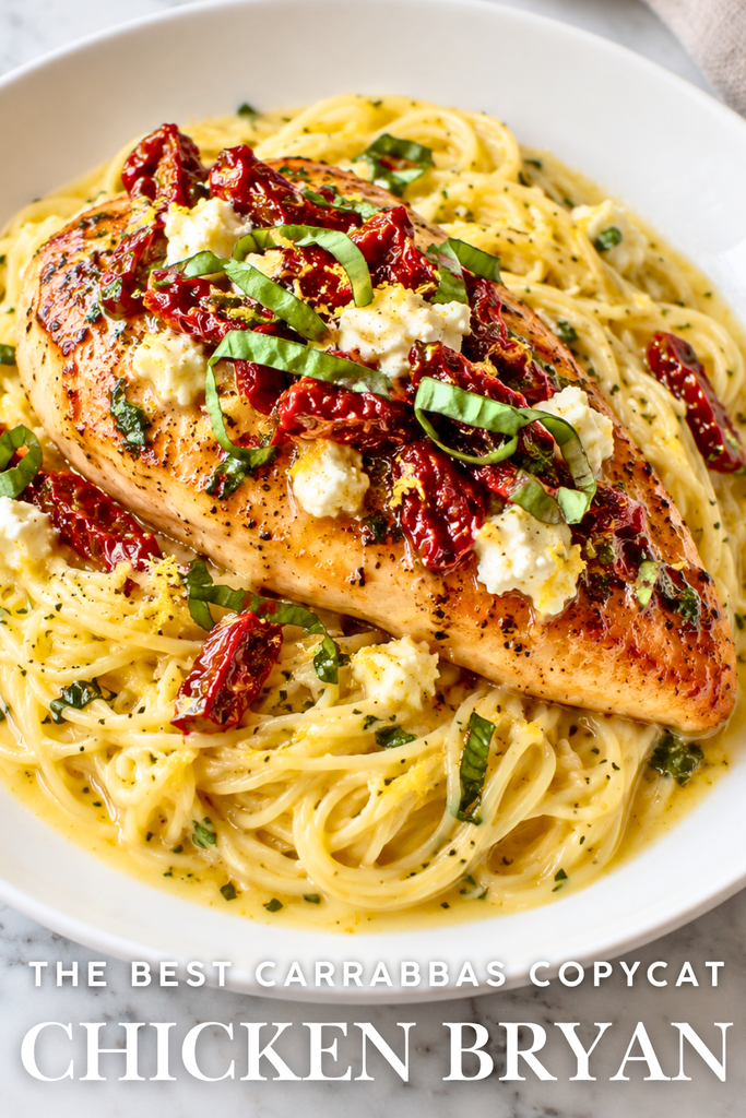 Carrabba’s Chicken Bryan copycat with grilled chicken, creamy goat cheese, sun-dried tomatoes, basil, and lemon butter sauce
