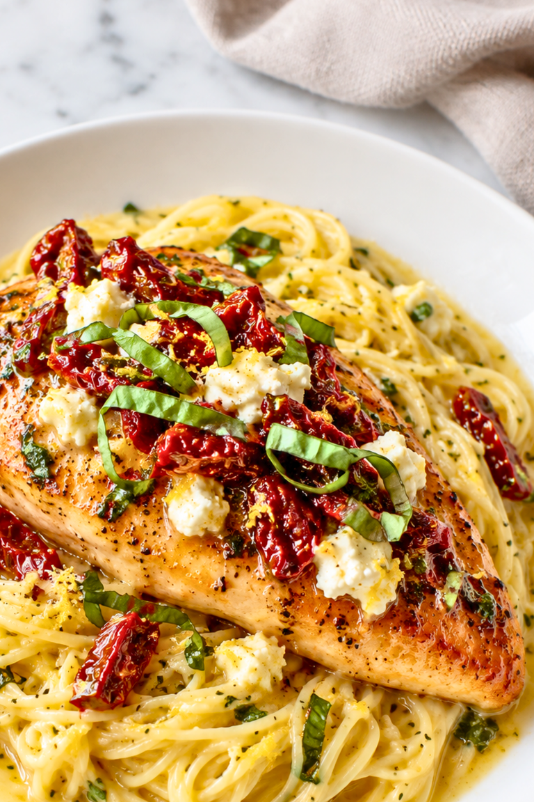 Carrabba’s Chicken Bryan copycat served over creamy lemon noodles with goat cheese, sun-dried tomatoes, basil, and lemon butter sauce