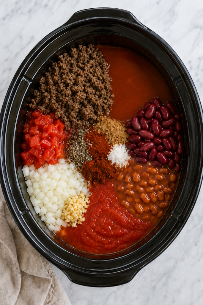 chili with browned ground beef and beans in a black crockpot for slow cooker chili mac.
