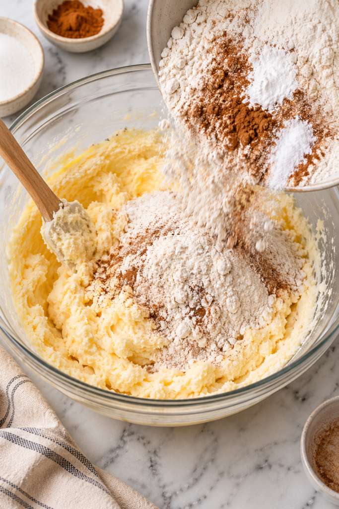 Adding dry ingredients to the wet ingredients for soft cinnamon churro cookie dough.