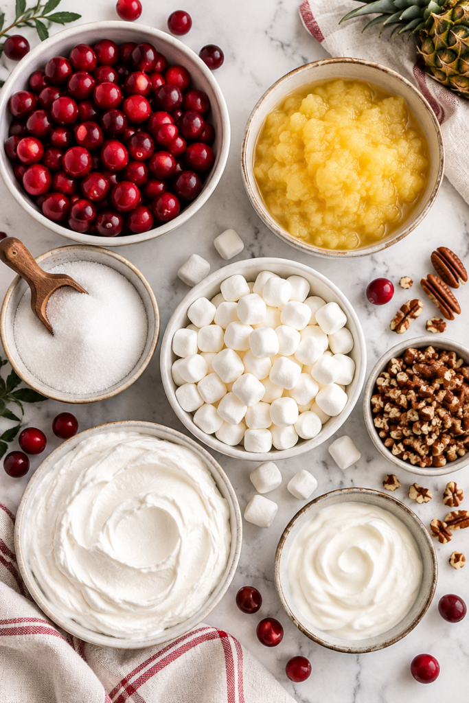Ingredients for classic cranberry marshmallow salad with fresh cranberries, crushed pineapple, mini marshmallows, pecans, sugar, sour cream, and whipped topping.