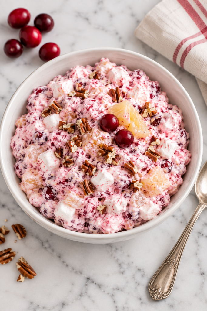 Classic cranberry marshmallow salad with fresh cranberries, pineapple, mini marshmallows, and chopped pecans in a white bowl.