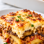 Homemade classic Greek moussaka with roasted eggplant, potatoes, savory meat sauce, and creamy béchamel on a white platter.
