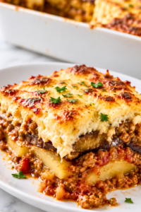 Homemade classic Greek moussaka with roasted eggplant, potatoes, savory meat sauce, and creamy béchamel on a white platter.