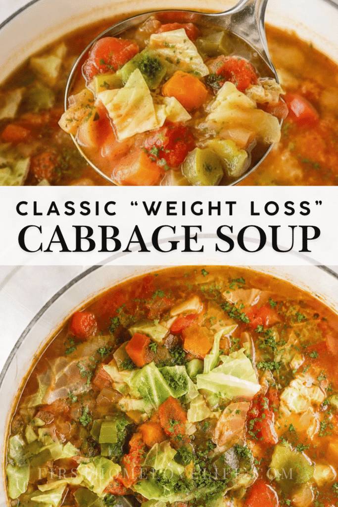 Classic weight loss cabbage soup in a white enamel pot with a silver ladle scooping cabbage, carrots, celery, tomatoes, and parsley.