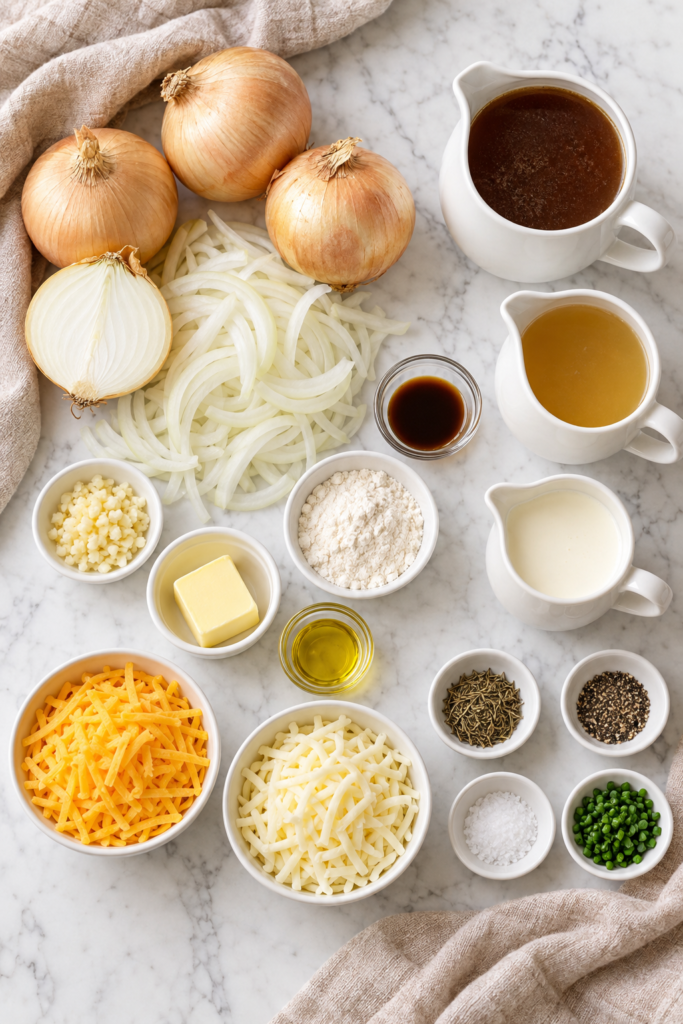 Ingredients for copycat Outback Walkabout onion soup arranged on a white marble countertop