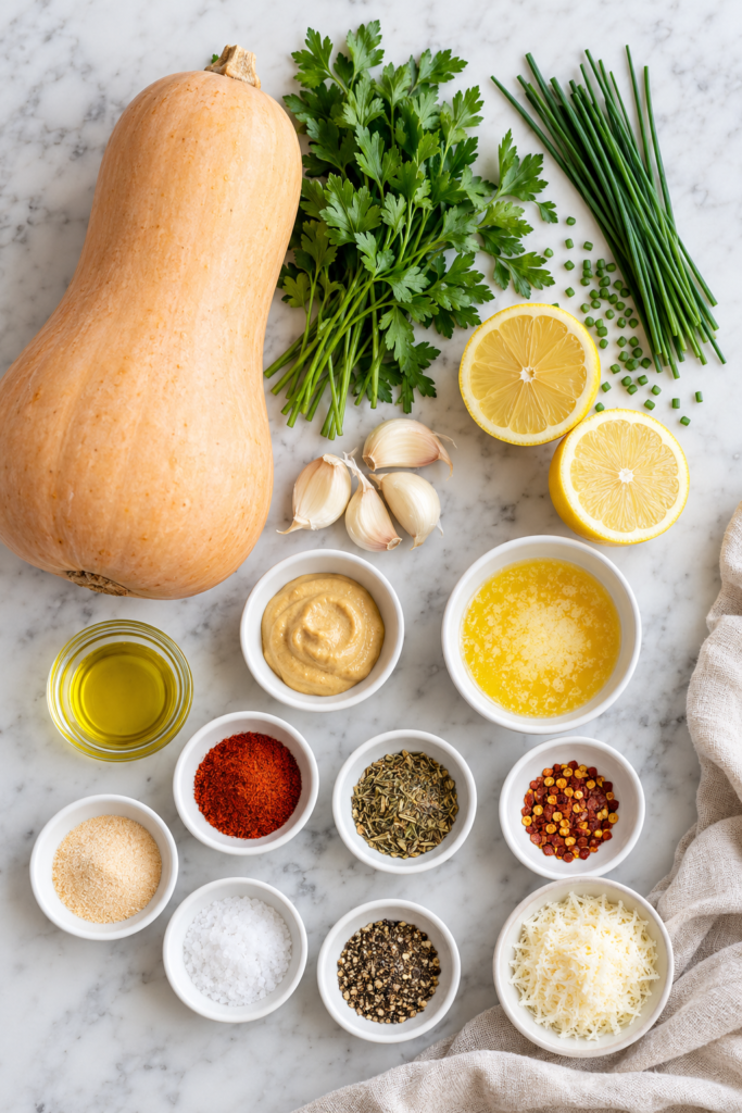 Ingredients for roasted butternut squash with cowboy butter arranged on a white marble countertop.