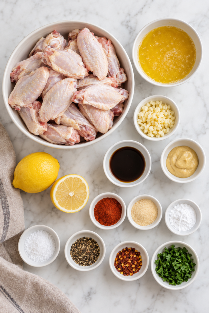 Ingredients for crispy cowboy butter chicken wings arranged on a white marble counter, including raw wings, butter, garlic, lemon, Dijon, spices, and parsley