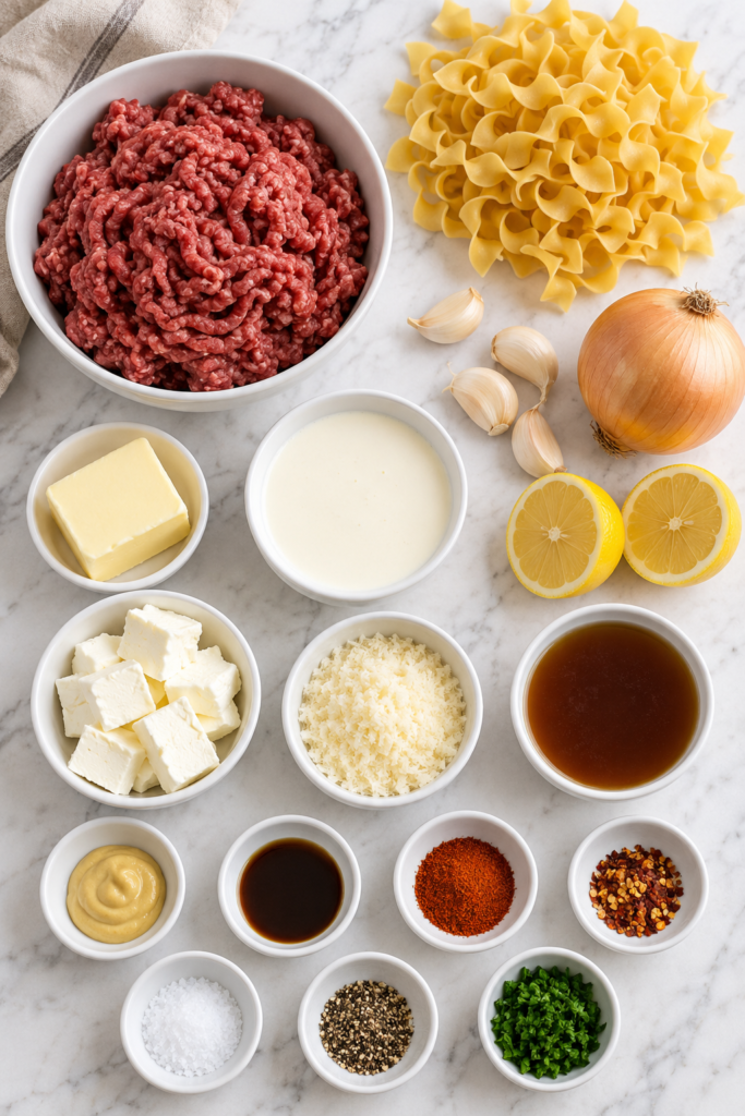 Ingredients for creamy cowboy butter ground beef and noodles on a white marble counter, including ground beef, egg noodles, butter, cream, cheese, lemon, garlic, and spices