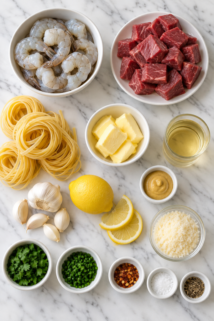 Ingredients for cowboy butter shrimp and steak scampi arranged on white marble, including raw shrimp, sirloin steak, linguine, butter, garlic, lemon, Dijon, Parmesan, and fresh herbs