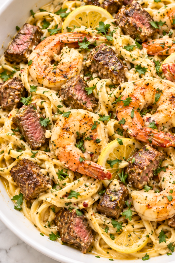 Close-up of cowboy butter shrimp and steak scampi with creamy linguine, seared steak bites, juicy shrimp, lemon slices, garlic, and fresh parsley