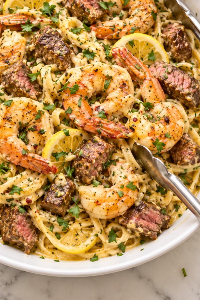 Cowboy butter shrimp and steak scampi with creamy linguine, seared steak bites, lemon, fresh herbs, and serving tongs in a large white bowl
