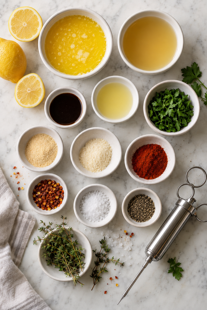 Flat lay of ingredients for cowboy butter turkey injection marinade with melted butter, chicken broth, lemon, herbs, spices, and a stainless steel meat injector on white marble.