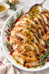 Sliced roasted turkey on a white oval platter with cowboy butter sauce being spooned over the top, rosemary, and pomegranate arils.