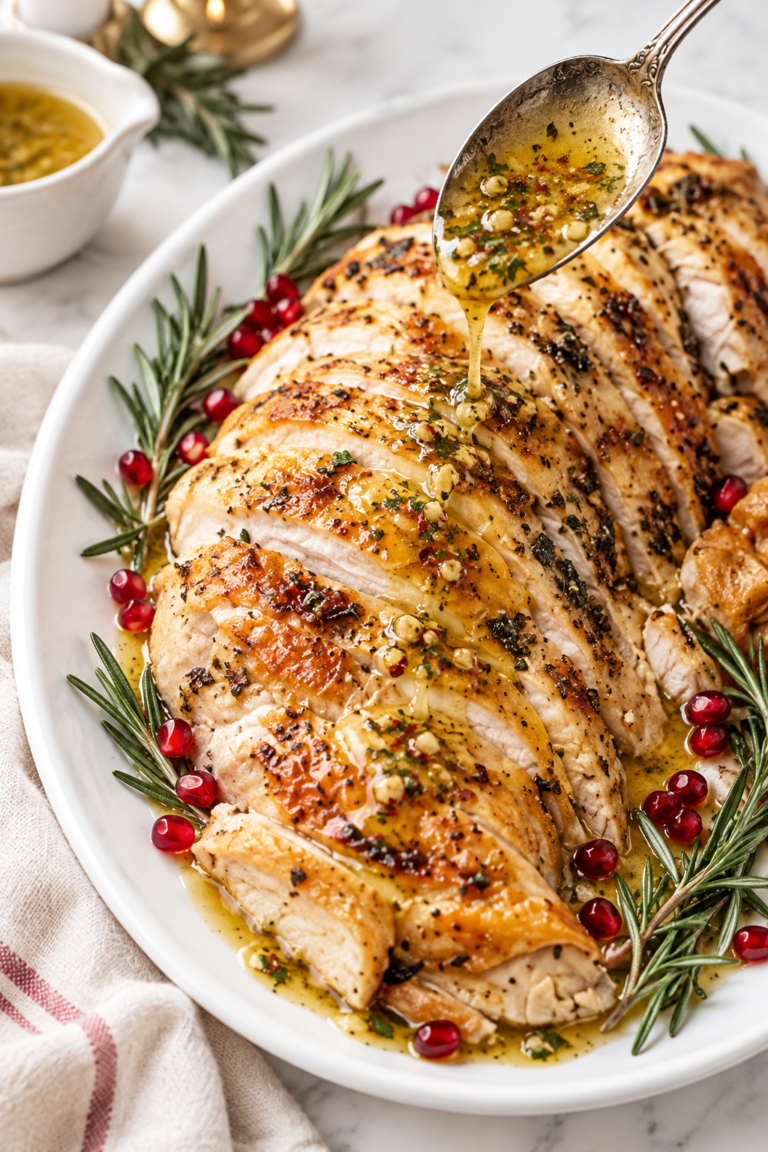 Sliced roasted turkey on a white oval platter with cowboy butter sauce being spooned over the top, rosemary, and pomegranate arils.