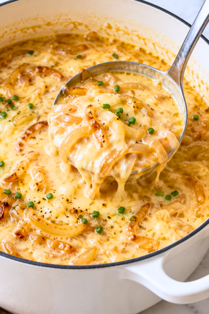 Silver ladle scooping creamy copycat Outback Walkabout onion soup with caramelized onions and melted cheese from a white enamel pot