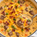 Creamy steak and beer cheese soup with tender steak bites, sharp cheddar, bacon, vegetables, and black pepper in a white enamel Dutch oven.