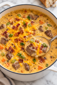 Creamy steak and beer cheese soup with tender steak bites, sharp cheddar, bacon, vegetables, and black pepper in a white enamel Dutch oven.