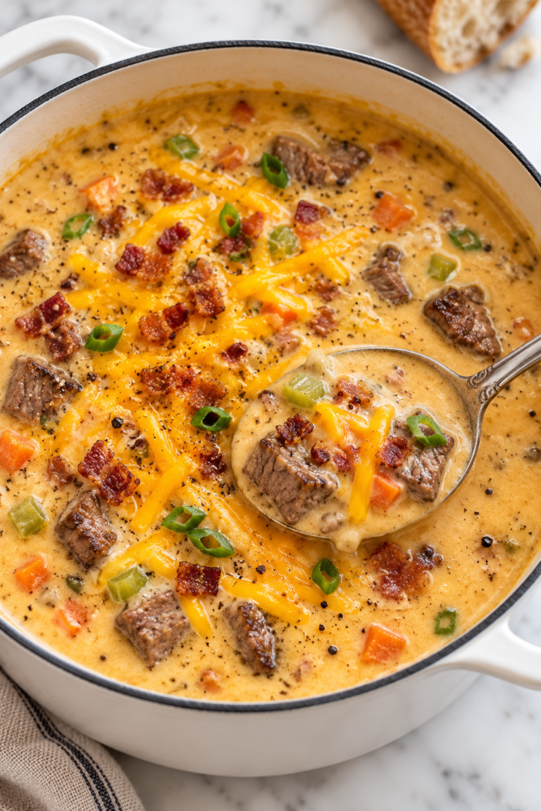 Creamy steak and beer cheese soup with tender steak bites, sharp cheddar, bacon, vegetables, and black pepper in a white enamel Dutch oven.