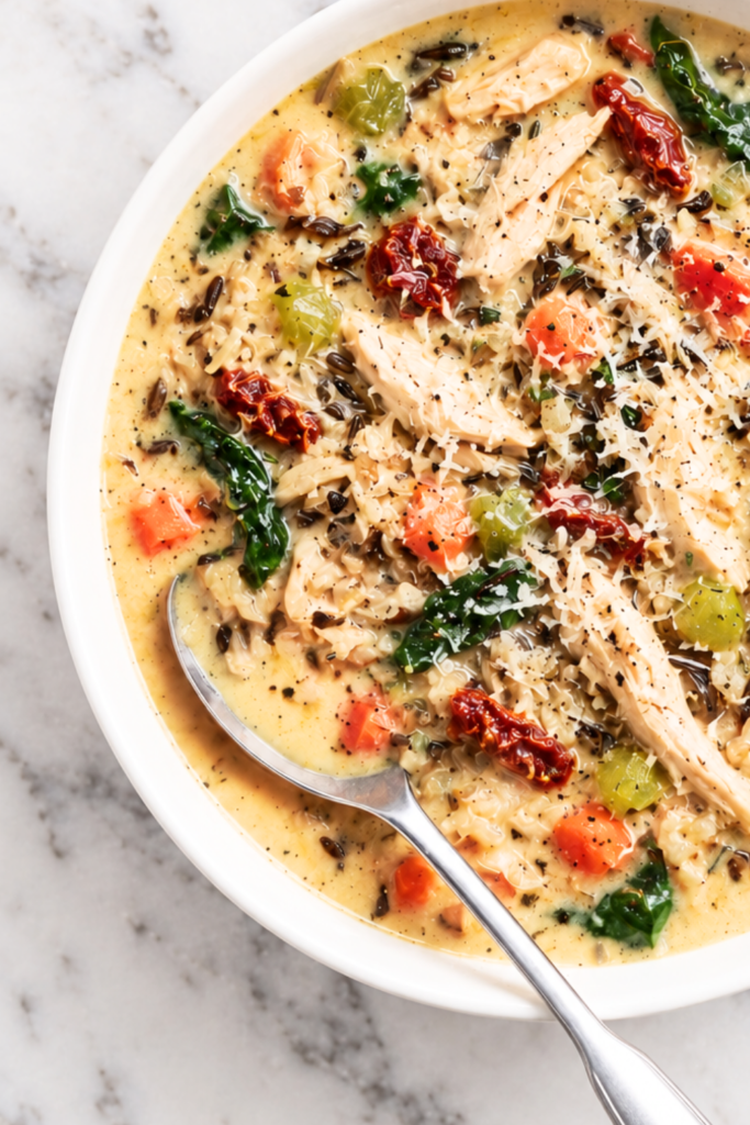 Creamy Tuscan chicken wild rice soup with shredded chicken, spinach, sun-dried tomatoes, Parmesan, carrots, and celery in a white bowl.