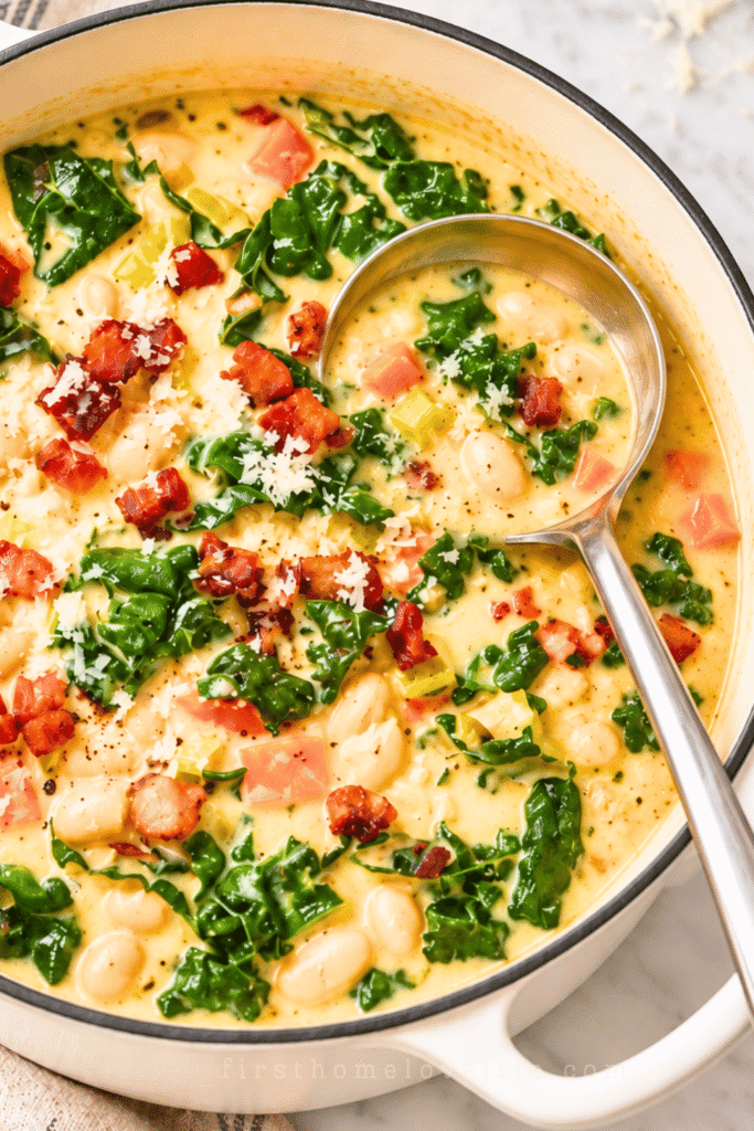 Creamy Tuscan white bean and kale soup with bacon in a white enamel Dutch oven.