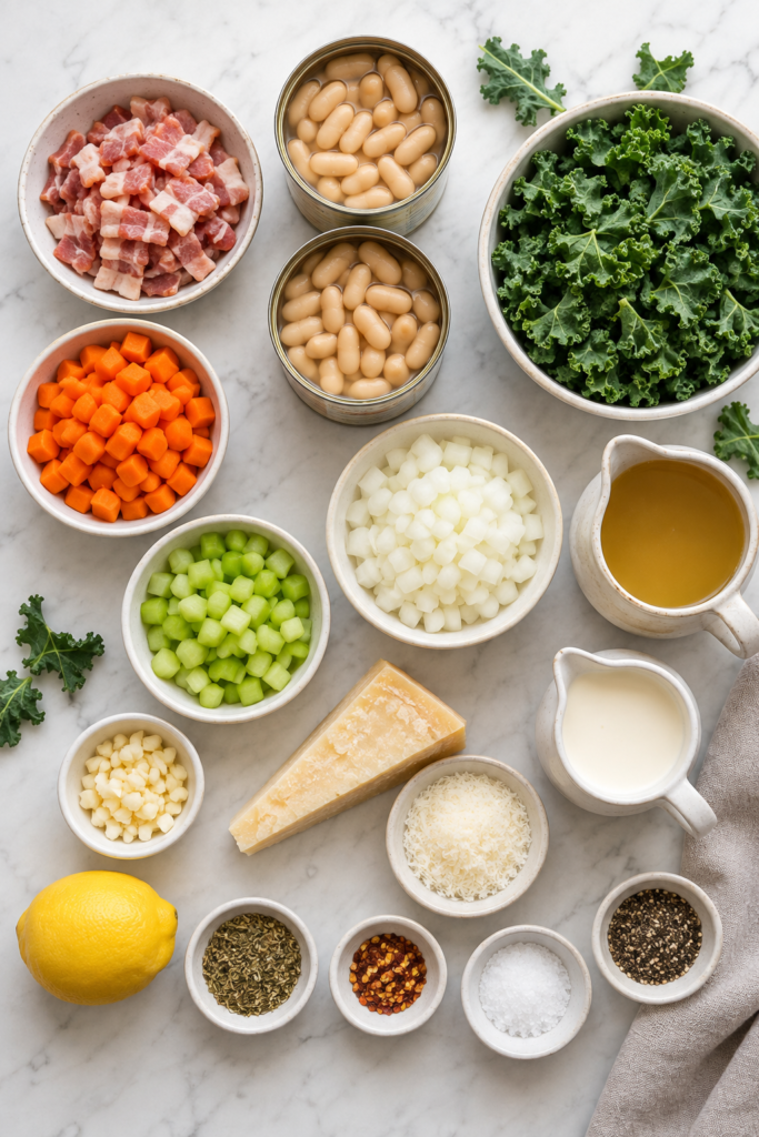 Flat lay of ingredients for creamy Tuscan white bean soup with bacon, kale, cannellini beans, vegetables, Parmesan, and cream.