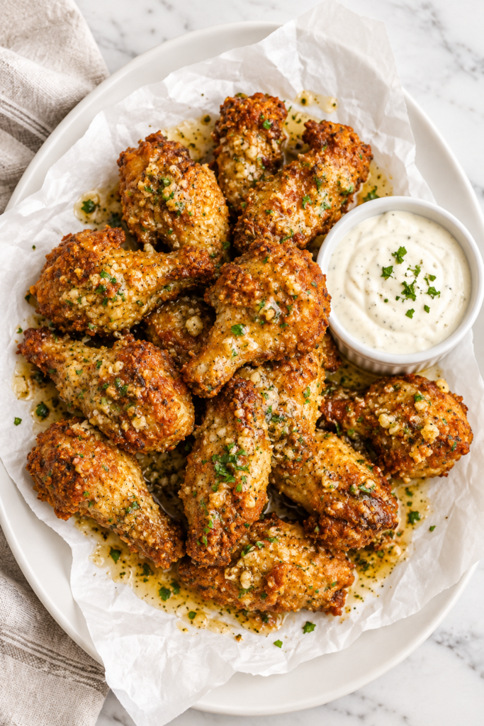 Crispy cowboy butter chicken wings drizzled with garlic lemon butter and served with ranch dressing on a white platter