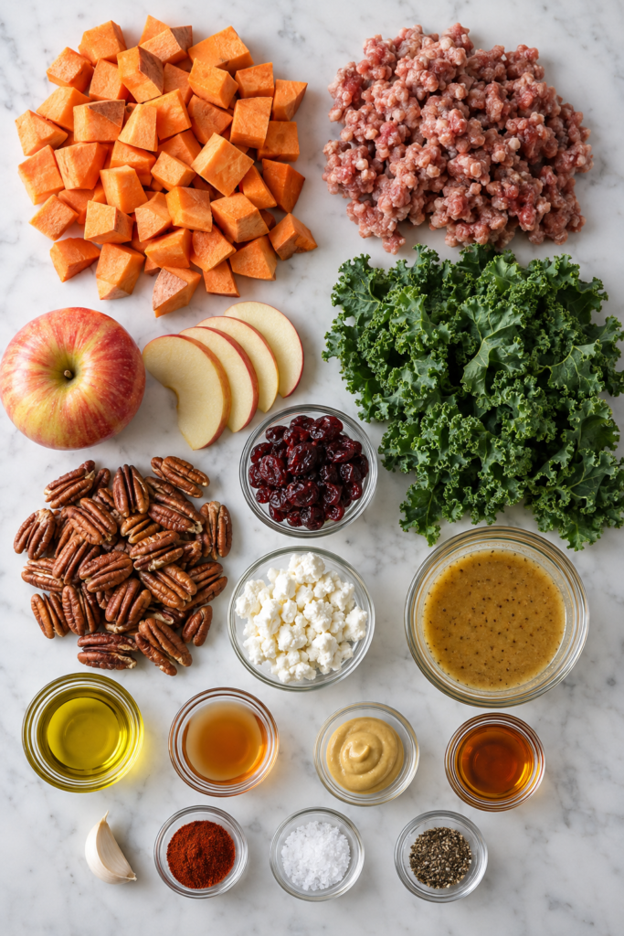 Flat lay of ingredients for crispy sweet potato and sausage harvest salad with sweet potatoes, Italian sausage, kale, apples, pecans, cranberries, goat cheese, and maple Dijon dressing.