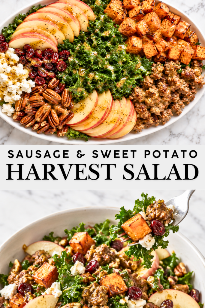 Crispy sweet potato and sausage harvest salad with kale, apples, cranberries, pecans, goat cheese, and maple Dijon dressing.