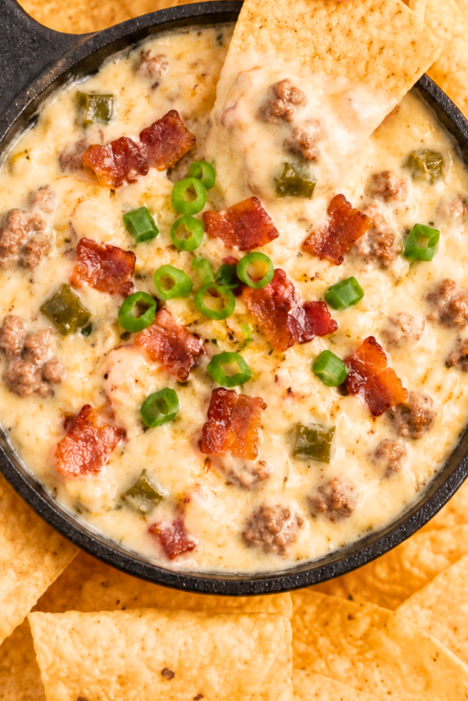 Tortilla chip being dipped into jalapeño popper bacon hamburger white queso dip in a cast-iron skillet
