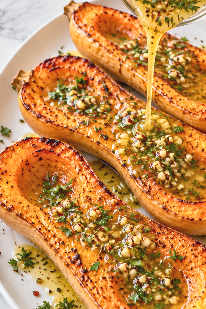 Cowboy butter being drizzled over roasted butternut squash halves on a white platter.