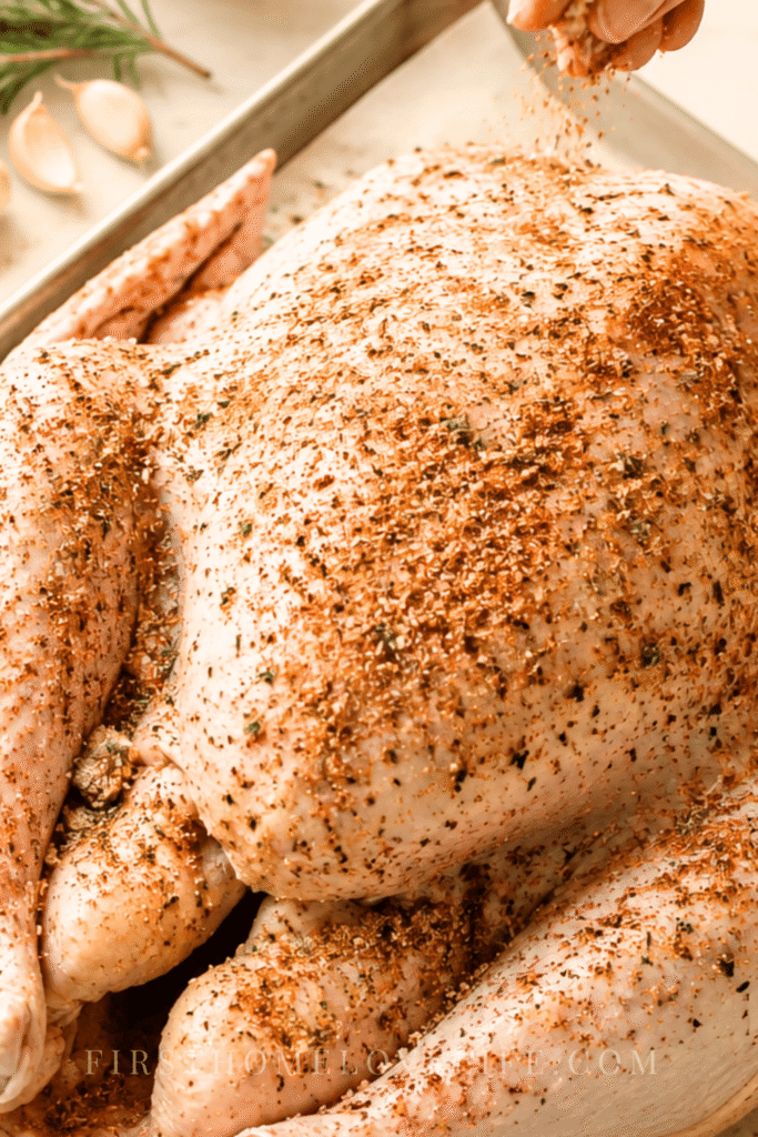 Hand sprinkling dry brine seasoning over a raw turkey on a sheet pan