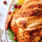Juicy dry brined Thanksgiving turkey with sliced breast meat, rosemary, lemon, and fresh cranberries on a white platter.