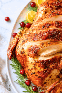 Juicy dry brined Thanksgiving turkey with sliced breast meat, rosemary, lemon, and fresh cranberries on a white platter.