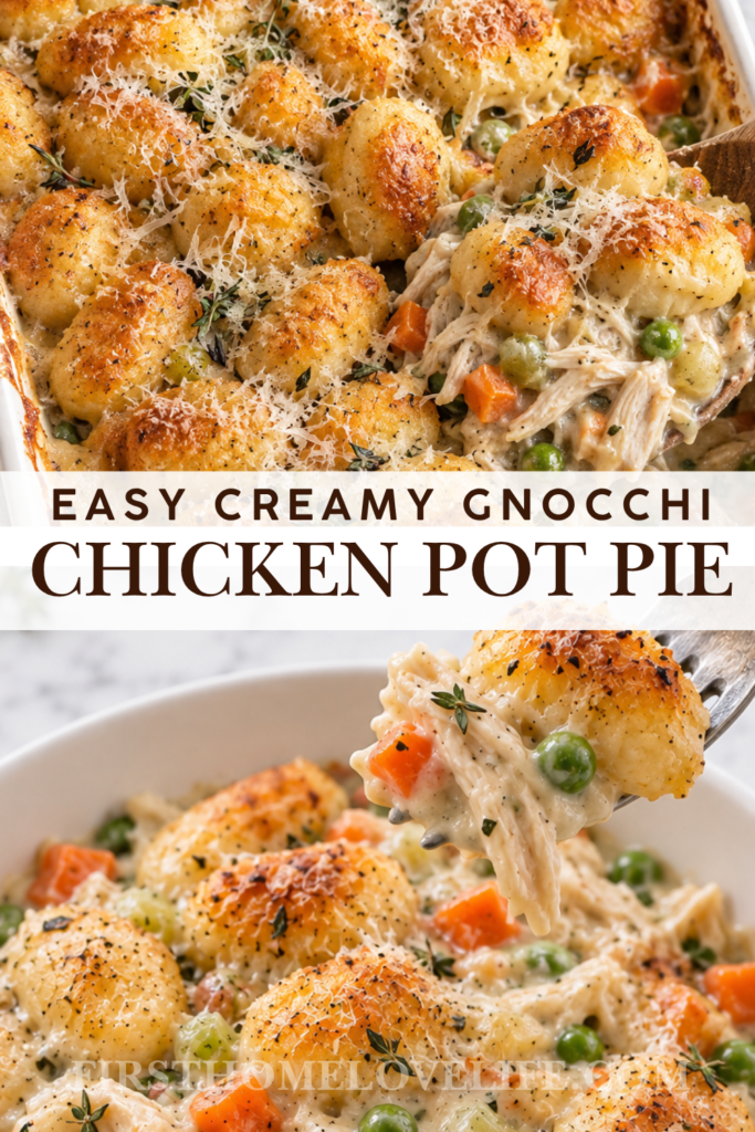 Pinterest pin for creamy gnocchi chicken pot pie casserole with golden potato gnocchi, shredded chicken, carrots, celery, peas, and savory cream sauce.