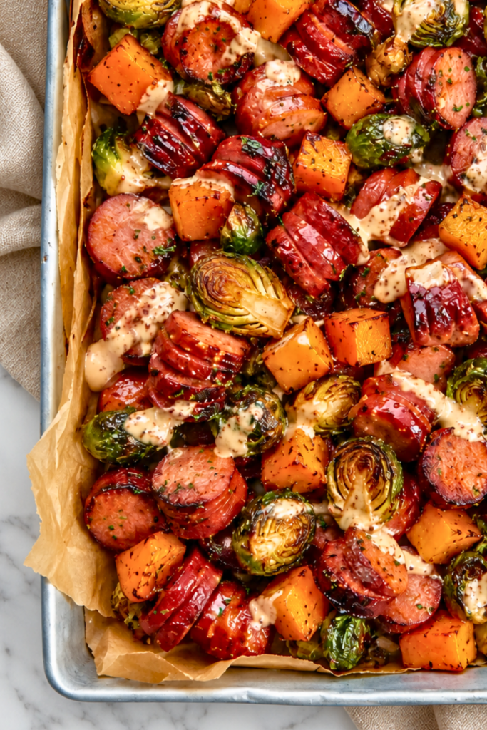 One pan sausage with roasted butternut squash and Brussels sprouts drizzled with creamy apple cider Dijon sauce