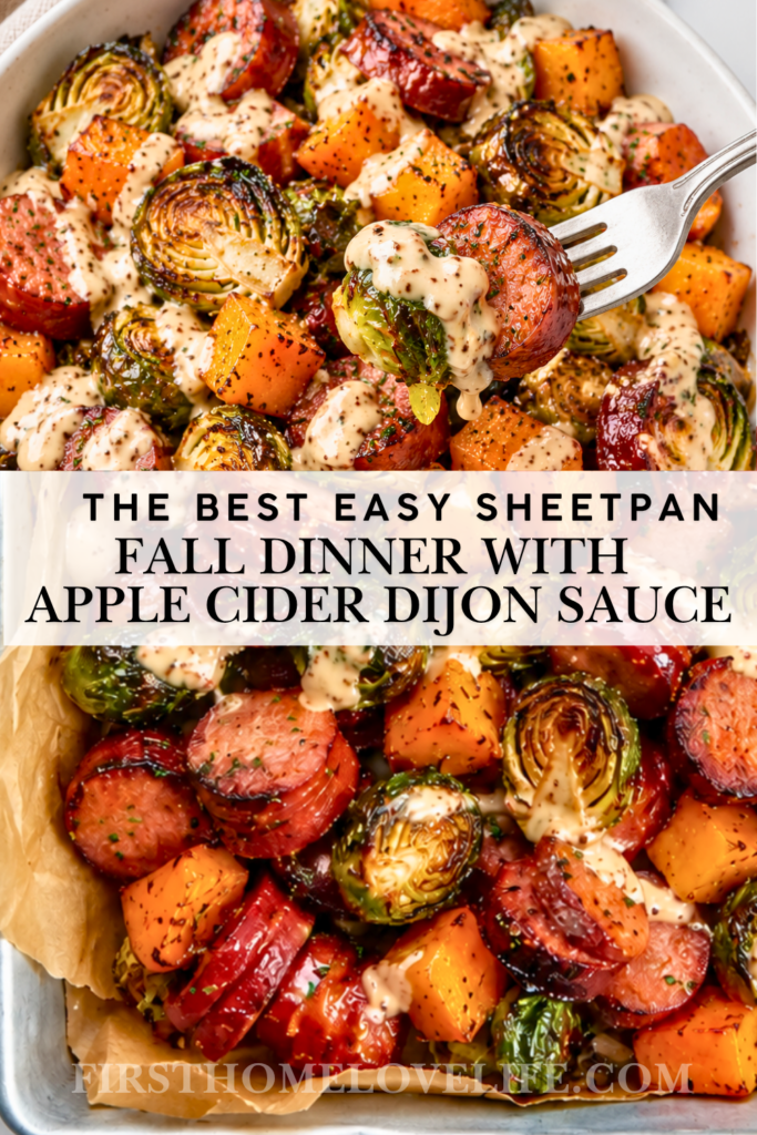 Sheet pan sausage with roasted butternut squash and Brussels sprouts in creamy apple cider Dijon sauce with a fork lifting a bite