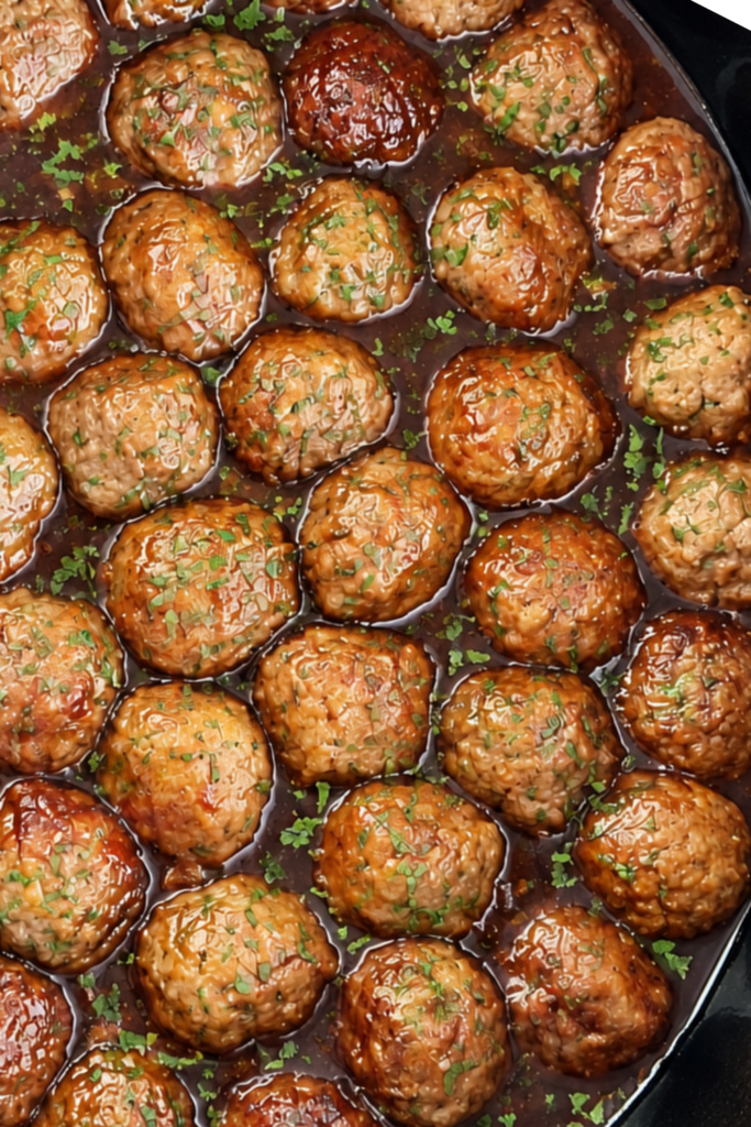 Slow cooker apple cider glazed meatballs in a black Crockpot with a sweet tangy glaze and chopped parsley.