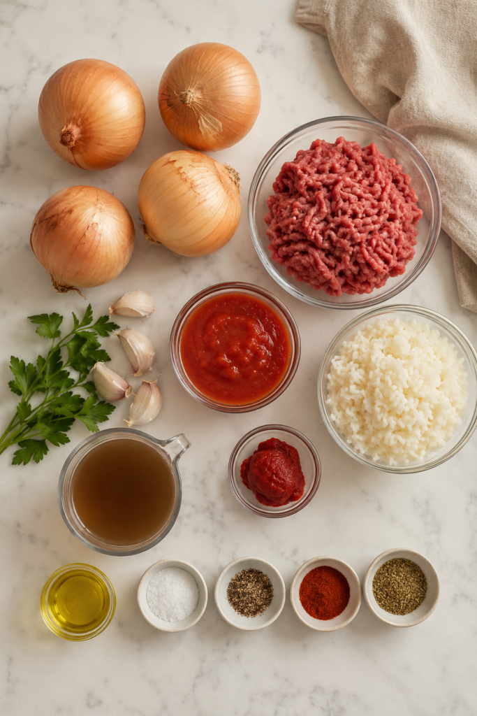 Overhead flat lay of ingredients for easy stuffed onions, including yellow onions, ground beef, cooked rice, tomato sauce, garlic, parsley, broth, and seasonings.