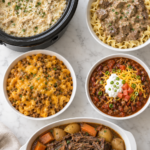 Overhead flat lay of easy slow cooker dinners including creamy chicken and rice, beef tips and noodles, cheesy hamburger helper, taco chili, and pot roast.