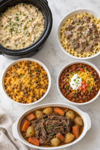 Overhead flat lay of easy slow cooker dinners including creamy chicken and rice, beef tips and noodles, cheesy hamburger helper, taco chili, and pot roast.