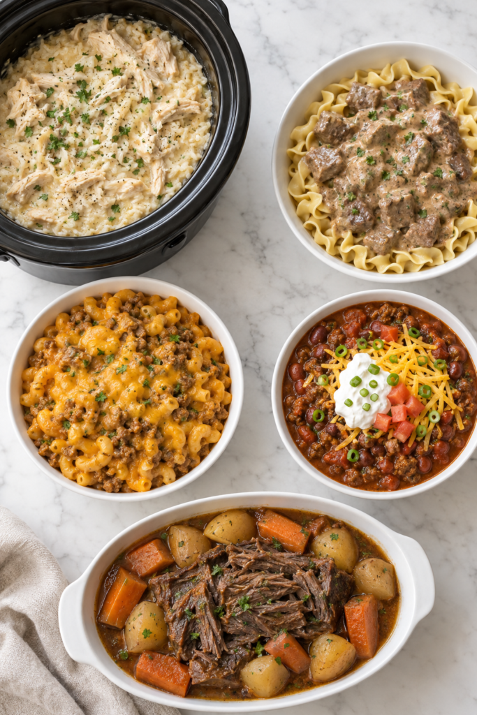 Overhead flat lay of easy slow cooker dinners including creamy chicken and rice, beef tips and noodles, cheesy hamburger helper, taco chili, and pot roast.