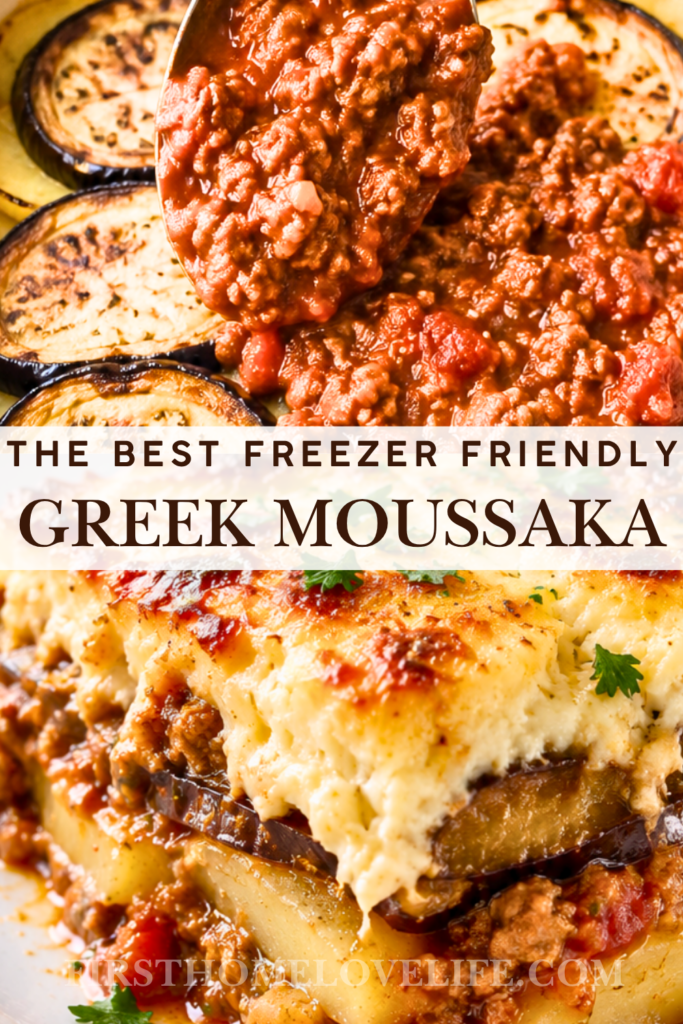 Freezer-friendly Greek moussaka recipe with roasted eggplant, hearty meat sauce, potatoes, and creamy béchamel.