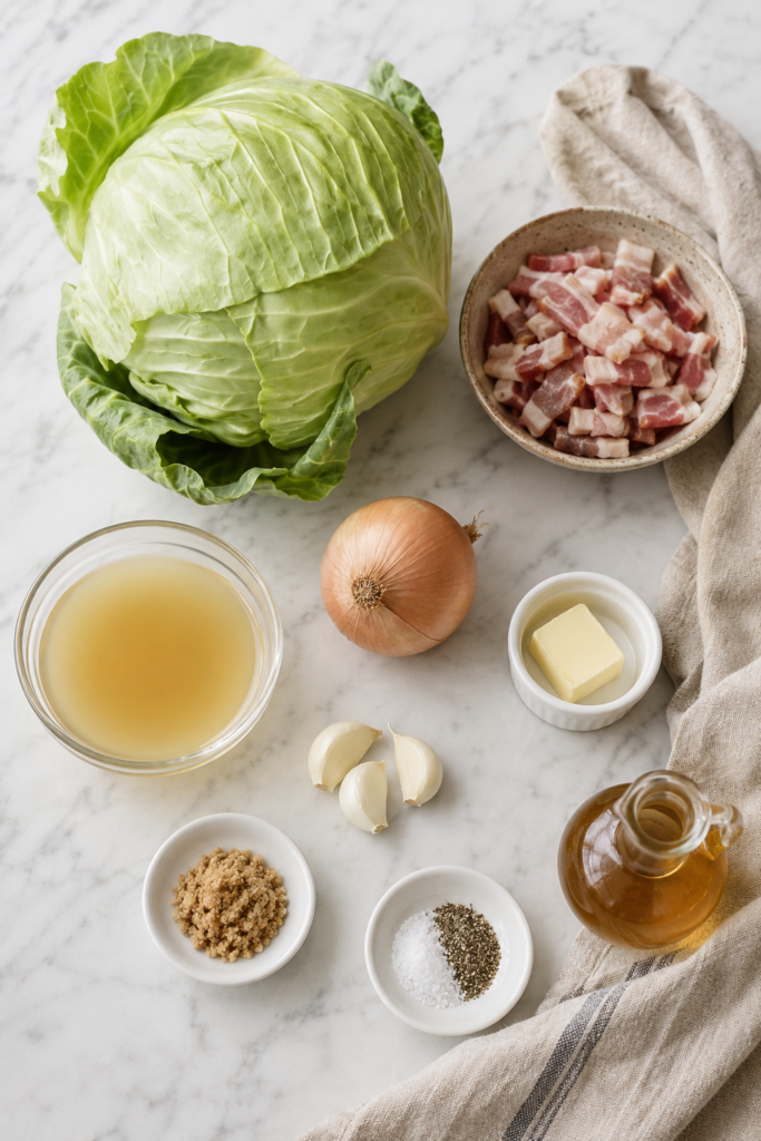 Flat lay of ingredients for fried cabbage and bacon including green cabbage, raw bacon, onion, garlic, butter, chicken broth, brown sugar, apple cider vinegar, salt, and black pepper.