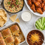 Overhead game day food spread with buffalo chicken wings, cheesy sliders, jalapeño popper queso dip, chili, tortilla chips, ranch, and celery.