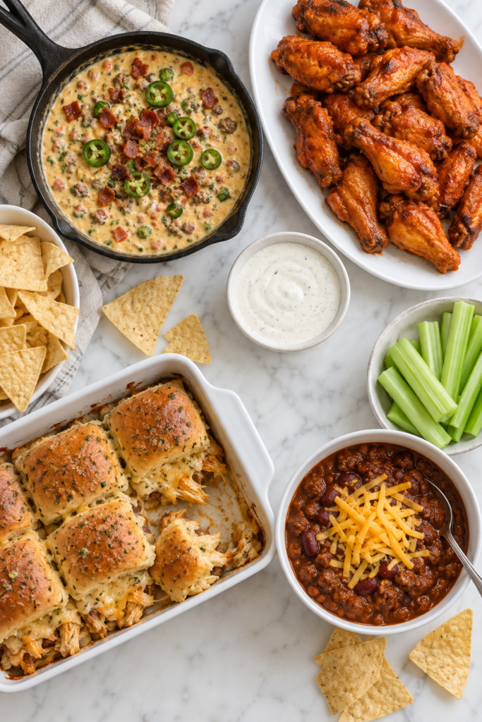 Overhead game day food spread with buffalo chicken wings, cheesy sliders, jalapeño popper queso dip, chili, tortilla chips, ranch, and celery.