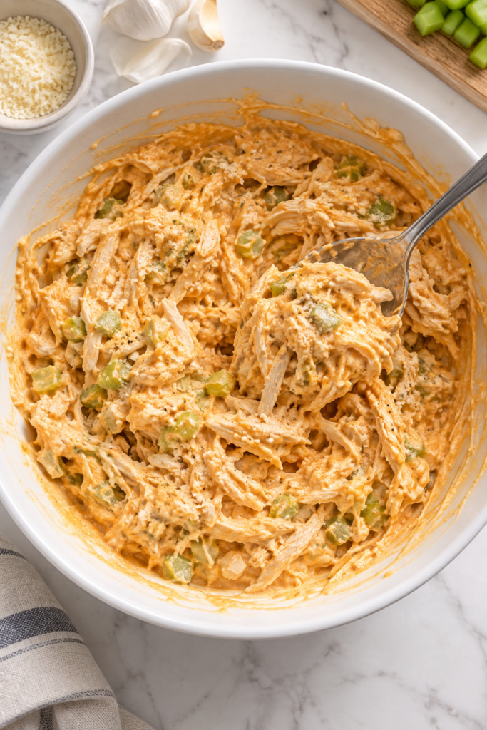 Shredded chicken and chopped celery being folded into creamy garlic Parmesan buffalo wing sauce in a white mixing bowl.