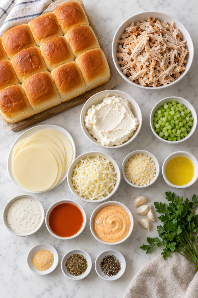 Flat lay of ingredients for garlic Parmesan buffalo chicken wing dip sliders, including shredded chicken, slider rolls, celery, cream cheese, cheeses, buffalo sauce, garlic Parmesan sauce, and parsley.