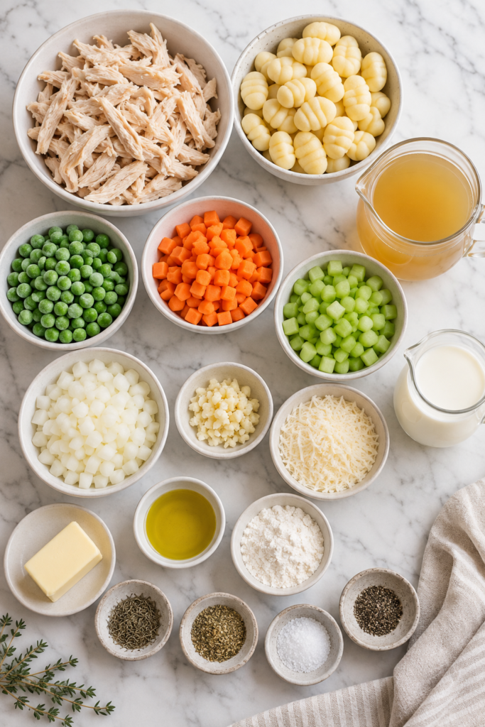 Flat lay of ingredients for gnocchi chicken pot pie casserole including chicken, potato gnocchi, peas, carrots, celery, onion, broth, cream, Parmesan, and seasonings.